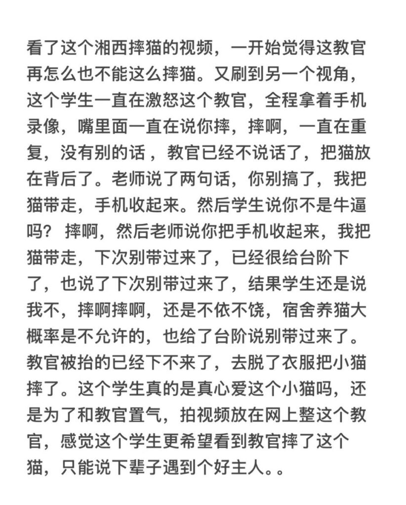 湖南湘西职业院校虐猫事件惹争议违规养宠故意激怒宿管